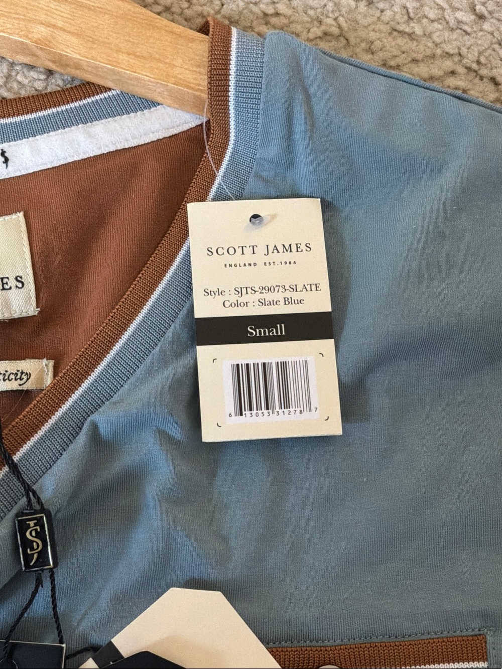 Men's V-Neck Pocket Tee in Slate Blue with Brown Trim - Picture 11 of 12